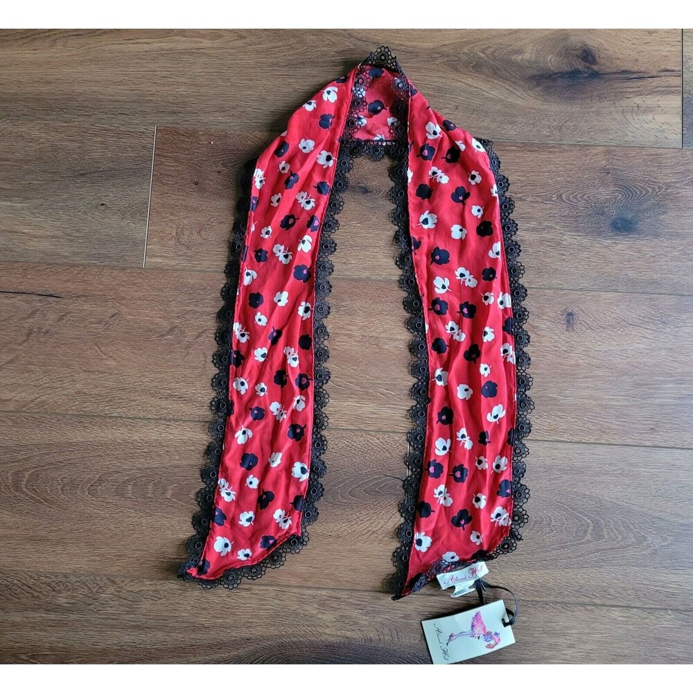 Silk Scarf with Cherries on Top ALANNAH HILL Rayon Lace Trim Red Black NEW
